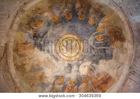 Demre, Turkey - November 3, 2018: Ancient frescoes in the St. Nicholas Byzantine Greek Church in Demre, Turkey