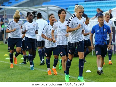 Kyiv, Ukraine - May 23, 2018: Olympique Lyonnais Players Run On The Pitch During Training Session Be
