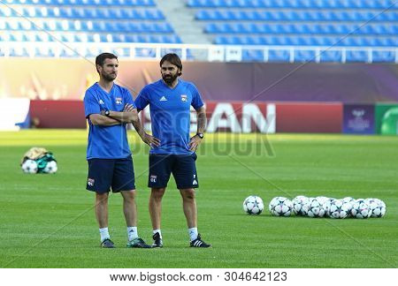 Kyiv, Ukraine - May 23, 2018: Head Coach Reynald Pedros Of Olympique Lyonnais (r) And His Assistant 