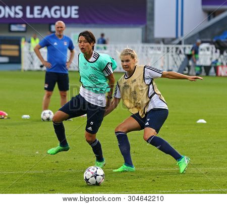 Kyiv, Ukraine - May 23, 2018: Saki Kumagai (l) And Ada Hegerberg Of Olympique Lyonnais In Action Dur
