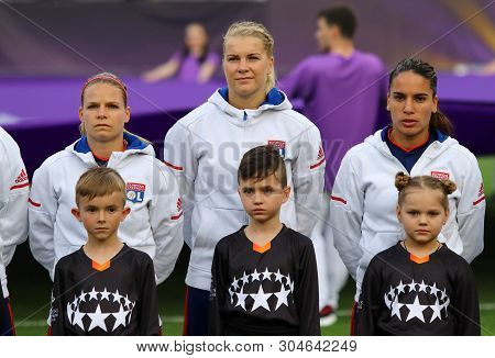 Kyiv, Ukraine - May 24, 2018: Olympique Lyonnais Players Listen To Champions League Anthem Before Th
