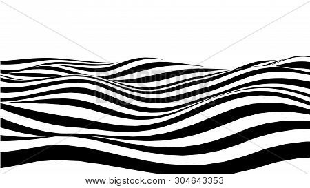 Optical Illusion Wave. Abstract 3D Black And White Illusions. Horizontal Lines Stripes Pattern Or Ba