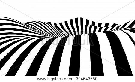 Optical Illusion Wave. Abstract 3D Black And White Illusions. Horizontal Lines Stripes Pattern Or Ba