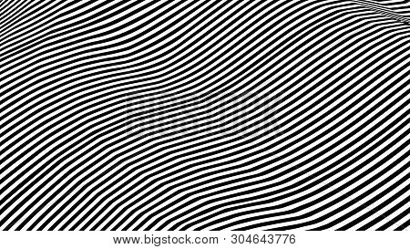 Optical Illusion Wave. Abstract 3D Black And White Illusions. Horizontal Lines Stripes Pattern Or Ba