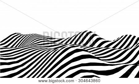 Optical Illusion Wave. Abstract 3D Black And White Illusions. Horizontal Lines Stripes Pattern Or Ba