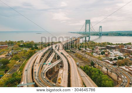Aerial View Of The Verrazzano-narrows Bridge In Brooklyn And Staten Island.