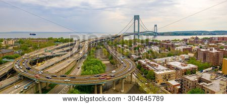 Aerial View Of The Verrazzano-narrows Bridge In Brooklyn And Staten Island.