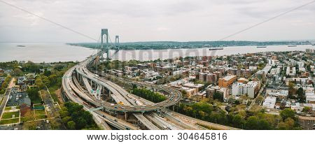 Aerial View Of The Verrazzano-narrows Bridge In Brooklyn And Staten Island.