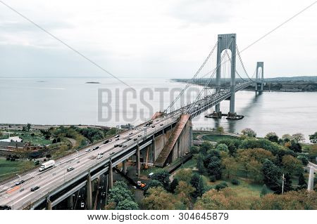 Aerial View Of The Verrazzano-narrows Bridge In Brooklyn And Staten Island.