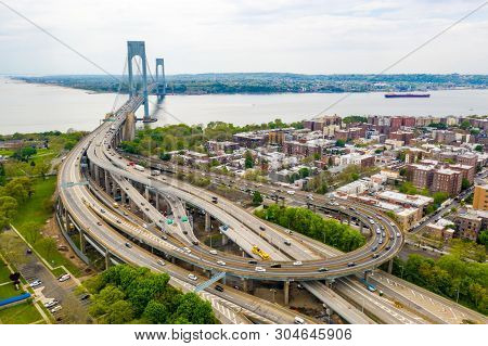 Aerial View Of The Verrazzano-narrows Bridge In Brooklyn And Staten Island.