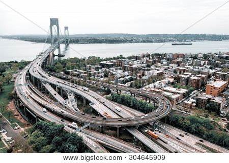Aerial View Of The Verrazzano-narrows Bridge In Brooklyn And Staten Island.
