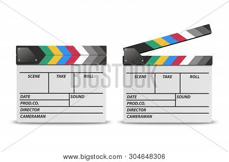 Vector 3d Realistic Blank Closed And Opened Movie Film Clap Board Icon Set Closeup Isolated On White