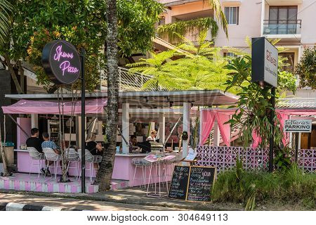 Ubud, Bali, Indonesia - February 26, 2019: Downtown Pedang Tegal, Ji. Hanoman Street, Commercial Dis