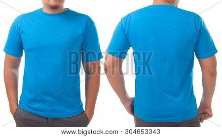 Blue T-shirt Mock Up, Front And Back View, Isolated On White. Male Model Wear Plain Blue Shirt Mocku