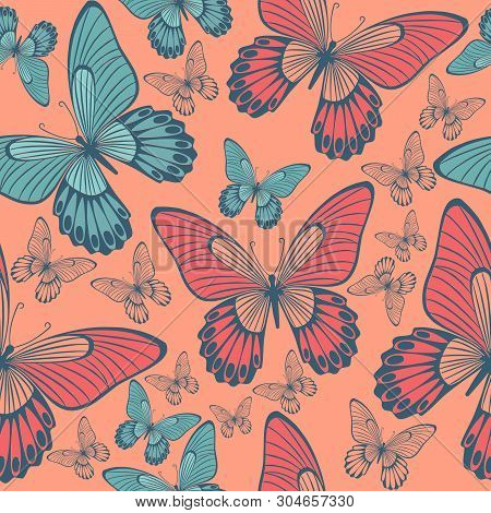Seamless Pattern Butterflies, Coral And Turquoise Green Butterfly Repeat Pattern For Textile Design,