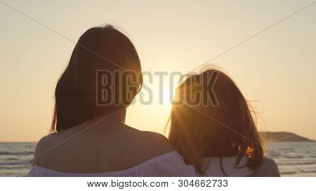 Young Asian Lesbian Couple Kissing Near Beach. Beautiful Women Lgbt Couple Happy Relax Enjoy Love An