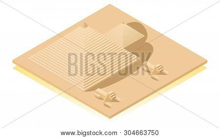 Isometric Great Sphinx Including Pyramids Of Menkaure And Khafre In White Background. Giza, Cairo, E