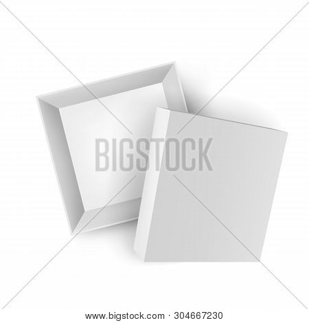 Opened Delivery Cardboard Box With Cap Mockup. Top View Of Blank Paper Empty Box Isolated On White B