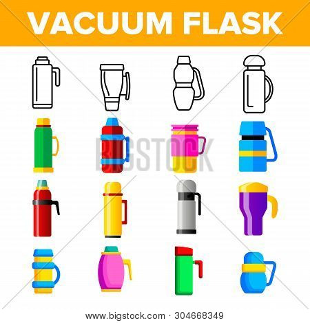 Vacuum Flasks And Bottles Vector Color Icons Set. Eco Flasks, Takeaway Hot Drink Linear Symbols Pack