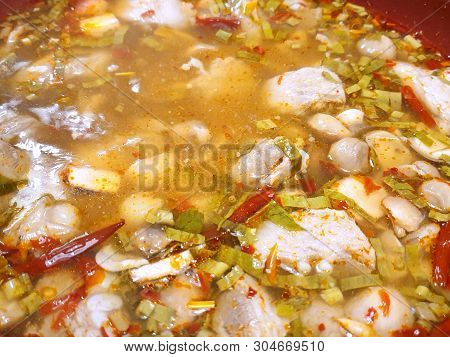 Thai Food Style, Soft Focus Of Hot And Spicy Soup With Pork As A Background, This Food Is Most Popul
