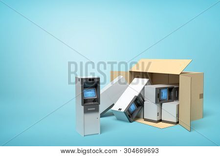 3d Rendering Of Cardboard Box Lying Sidelong With Several Atms Inside And Some Outside On Light-blue