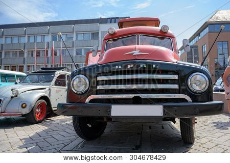 Ratzeburg, Germany - June 2, 2019: Opel Blitz, Small Truck Converted Into A Camper Van With Lifting 