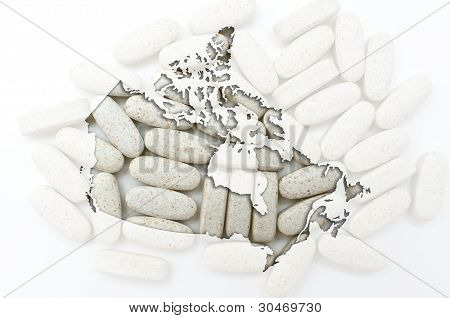 Kontur kort over Canada med piller i baggrunden For sundhed og helbredelse