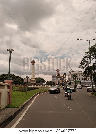 Tangerang, Indonesia - December 15, 2018: Traffic Around Tugu Rotunda Gading Serpong.