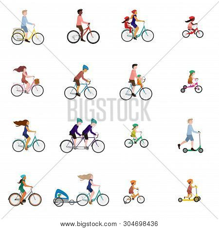 Vector Illustrations Of People On Bicycle, Child Bike Seat And Kick Scooter