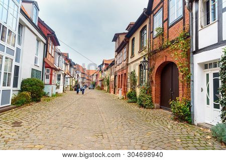 Luneburg, Germany - November 04, 2018: Street With Medieval Old Brick Buildings In Luneburg