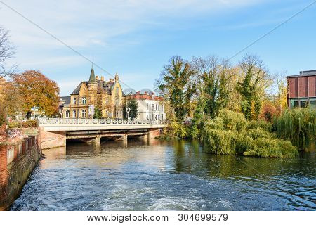 Luneburg, Germany - November 06, 2018: View Of Bridge Over Ilmenau River In Luneburg