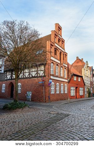 Luneburg, Germany - November 06, 2018: Street With Medieval Old Brick Buildings In Luneburg