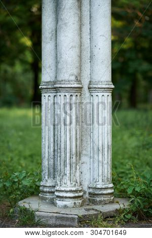 old white column in park, retro architecture, trees and leaves