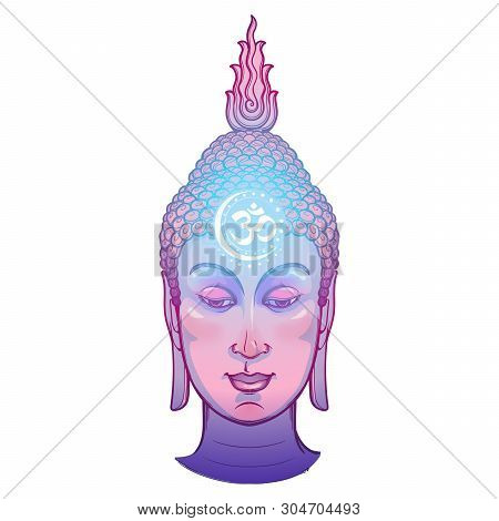 Buddhas Head With A Sacred Om Symbol Glowing On His Forehead. Intricate Hand Drawing Isolated On A W