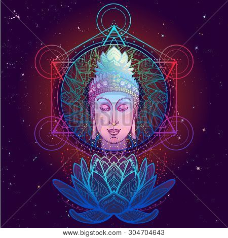 Buddhas Head With A Sacred Om Symbol Glowing On His Forehead. Anahata Chakra Drawing On A Background