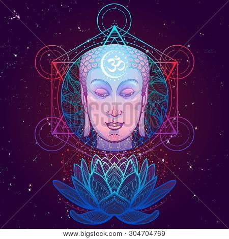 Buddhas Head With A Sacred Om Symbol Glowing On His Forehead. Anahata Chakra Drawing On A Background