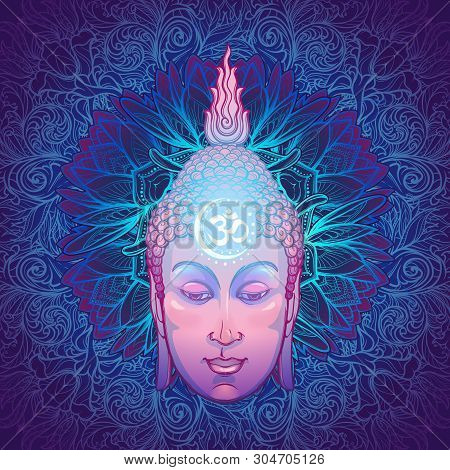 Buddhas Head With A Sacred Om Symbol Glowing On His Forehead. Placed On The Decorative Floral Backgr
