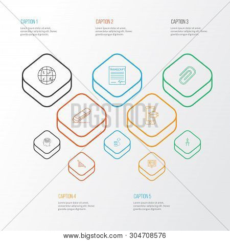 School Icons Line Style Set With Geometry, Mobile Learning, Self Study And Other Learn Elements. Iso