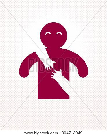 Beloved Man With Care Hands Of A Lover Woman Hugging Him Around From Behind, Vector Icon Logo Or Ill