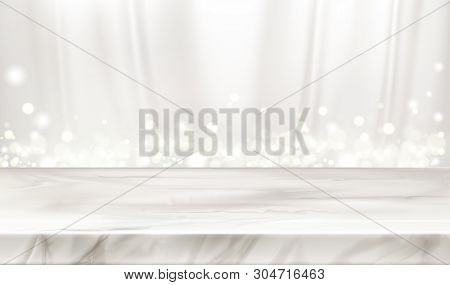 Marble Stage Or Table With White Silk Curtains Background And Glowing Sparkles. Elegant Decorative B