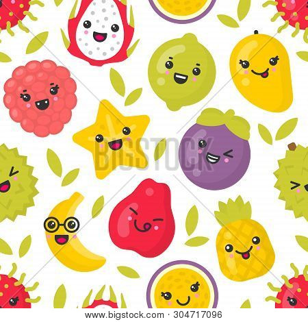Cute Smiling Exotic Fruits, Vector Seamless Pattern On White Background