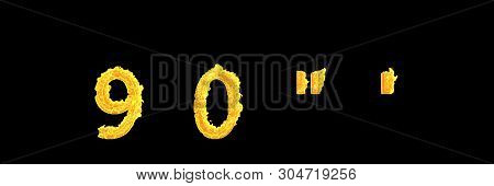 Numbers 9 And 0, Apostrophe And Quotations Marks Of Dense Burning Fire Alphabet Isolated On Black Ba