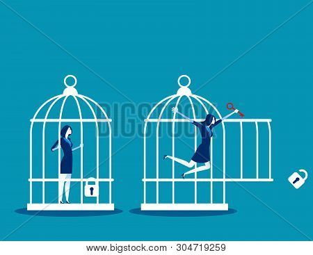 Freedom Concept. Business Team Locked And Key Free Himself From Cage. Concept Business Vector Illust