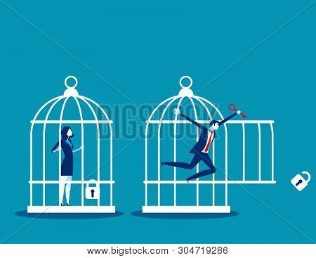 Freedom Concept. Business Team Locked And Key Free Himself From Cage. Concept Business Vector Illust