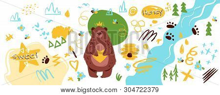 Bear In Forest Hand Drawn Map Vector Background. Honeycomb, River, Wild Animal Footprints Doodles Se