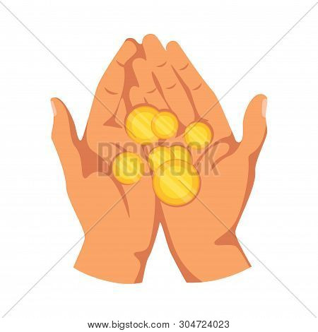 Coins In Hands Palms Flat Vector Illustration. Bank Loan, Credit, Quick Cash, Savings Drawing. Pover