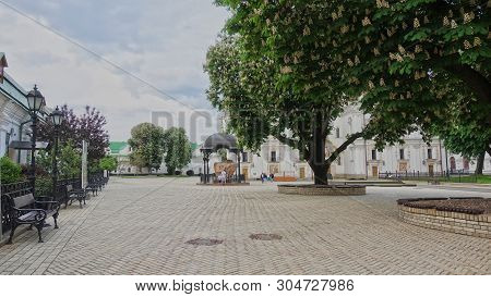 Flowering Chestnuts On Uspenskaya Square In Kiev-pechersk Lavra In Spring