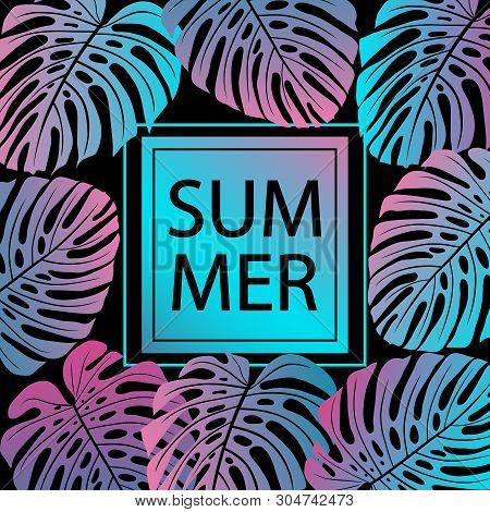 Bright Colored Leaves On Black Background. Tropical Plants. Vector Illustration