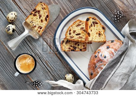 Easter Bread (osterbrot In German). Top View Of Traditional Fruity Bread On Rustic Wood  With Fresh 