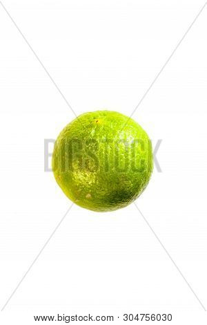 Isolated Green Lemon Or Lime With White Die Cut Background With Green And Yellow Texture Skin.